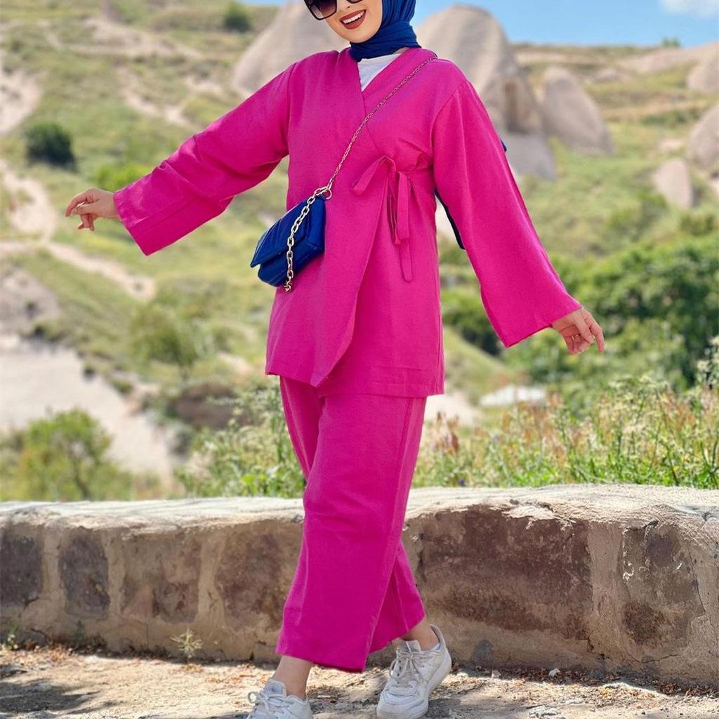 Southeast Asia Muslim Women's 2024 Spring Fashion: Long Sleeve Shirt & Straight-Leg Pants Set