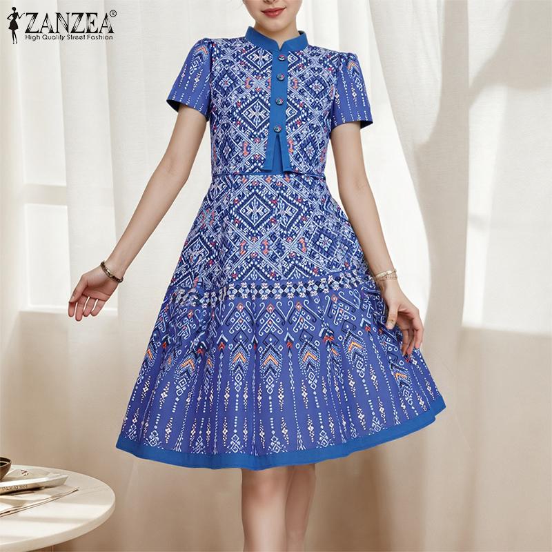 ZANZEA Women Casual Stand Neck Summer Short Sleeve Print Dress