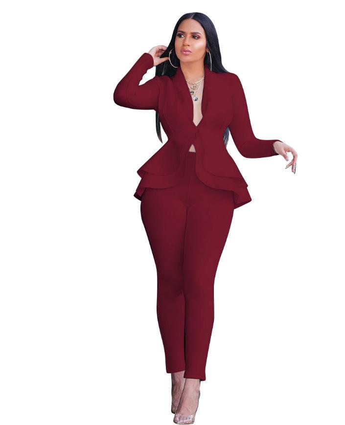 Women's Lapel Long Sleeve Ruffle Peplum Blazer Skinny Pants 2 Piece Business Suit Set 2022 Fall Office Tracksuit