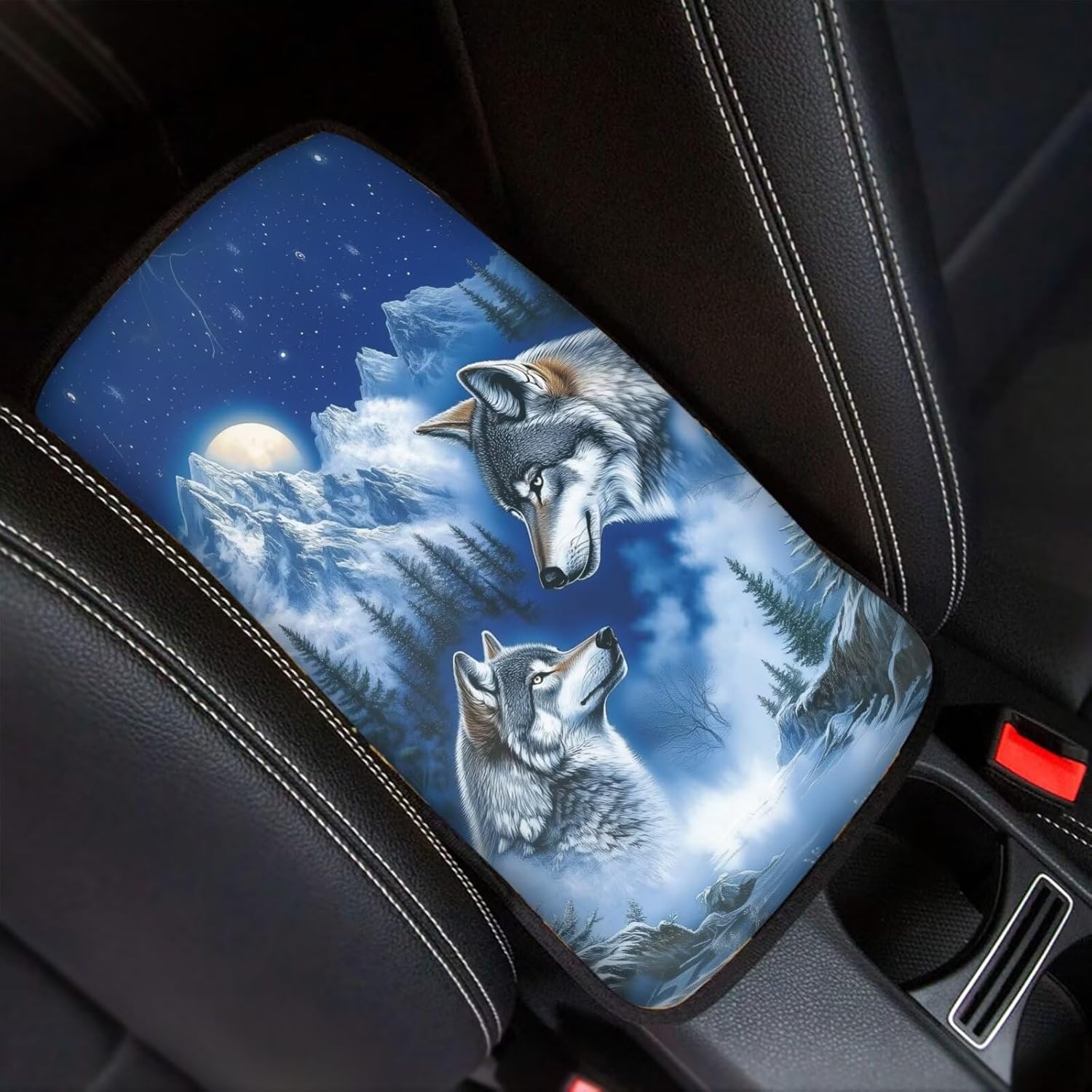 

Wanyint American Flag Sunflower Car Center Console Armrest Cover, Soft Armrest Cushion Cover Pad Auto Car Interior Accessory Universal Fit for Sedans Wolf Forest Blue