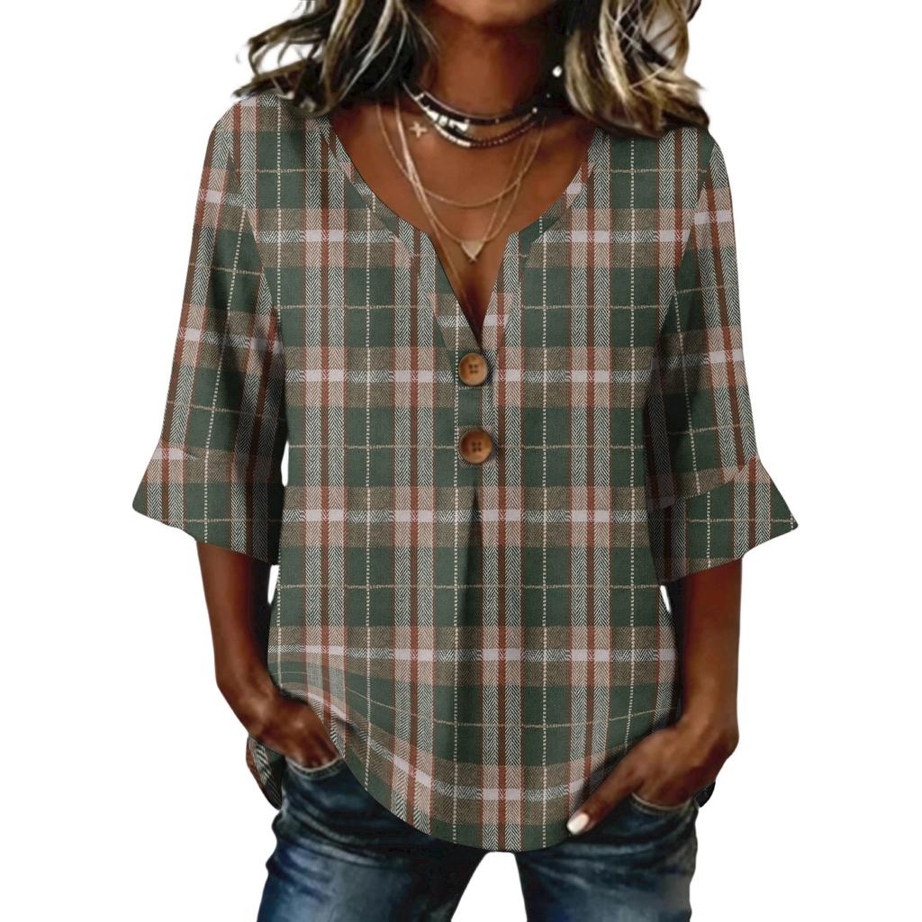 Ladies' plaid printed button casual V-neck fashionable seven quarter sleeve top