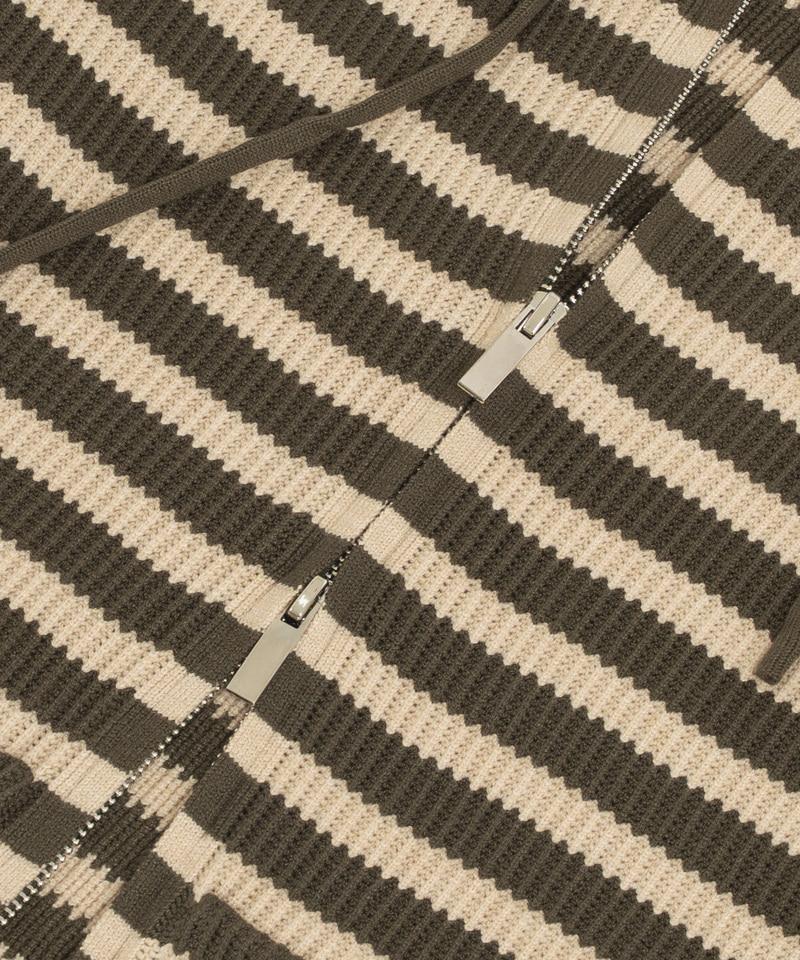 UNDEROFF Wavy Stripe Knit Zip-Up Hoodie Khaki