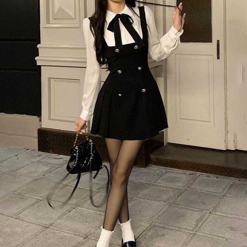 Soft Girl Kawaii Minikleid Fake Zweiteiler Kleid Damen Preppy Stil Schleifenknöpfe Langarm A-Linie Minikleid
