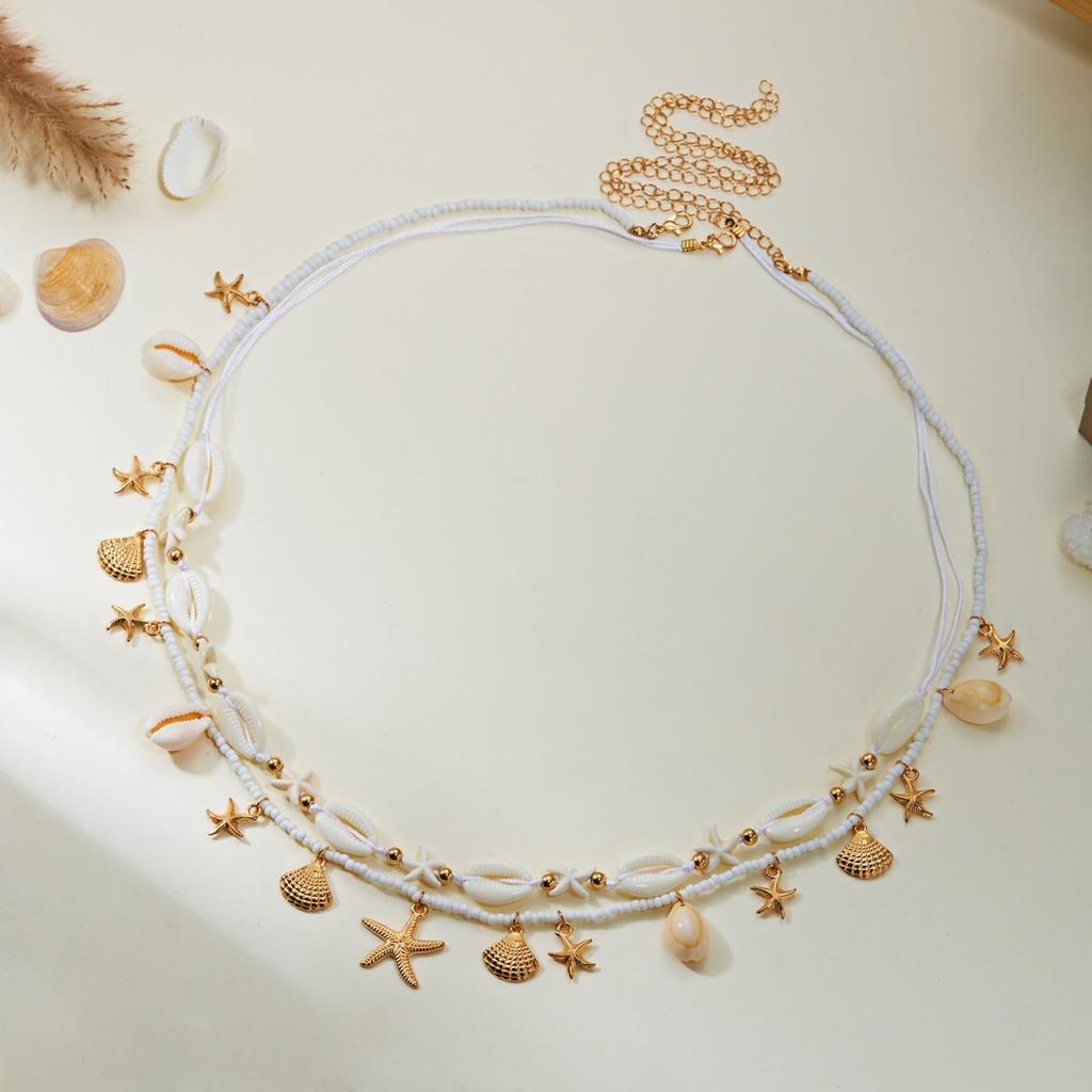 Boho Ocean Starfish Shell Spliced Rice Beaded Double Layer Waist Chain For Women Summer Conch Imitation Pearl Body Chain Jewelry