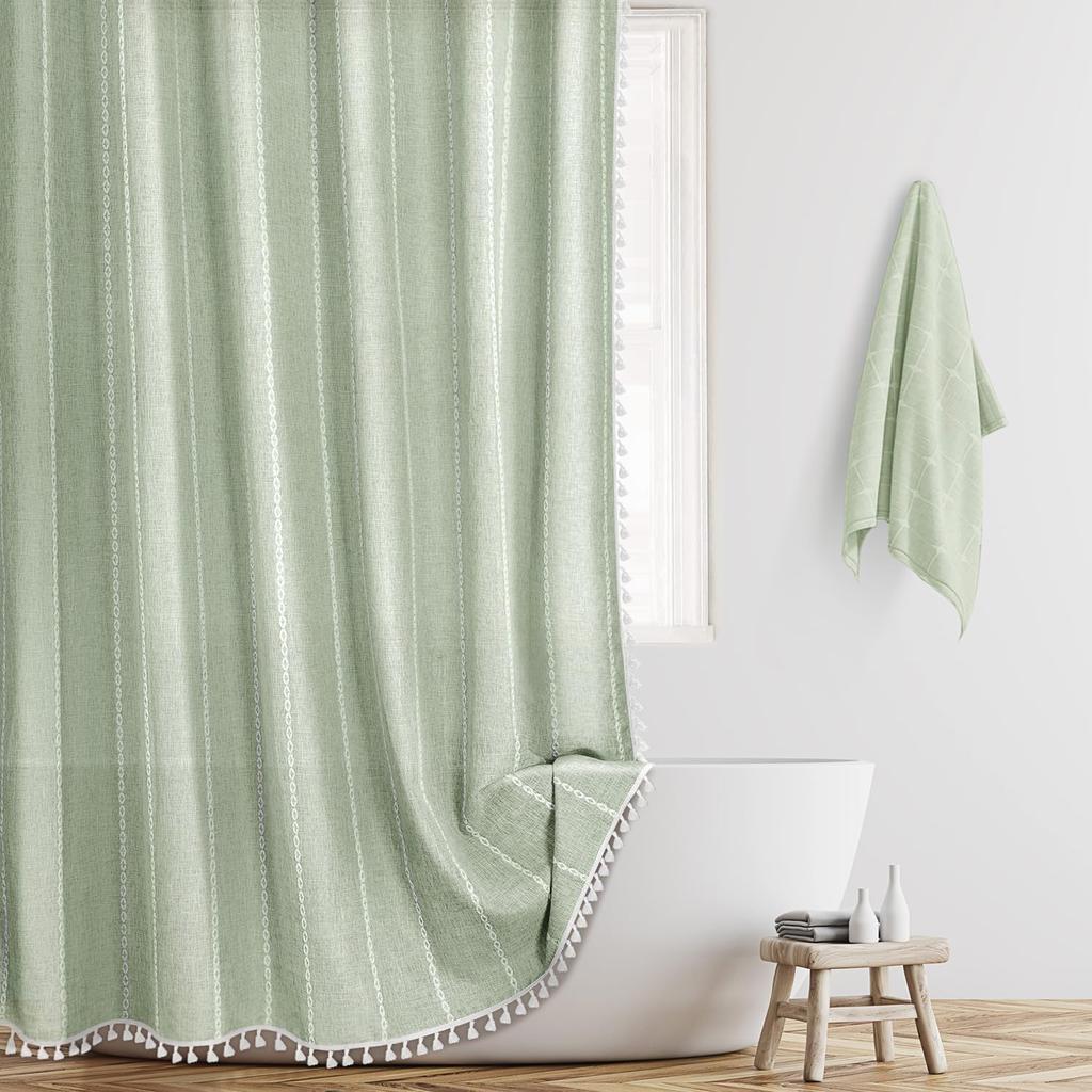 300GSM Thickened Polyester Linen Blend Shower Curtain, Waterproof Lotus Coating, Vertical Stripes with Tassel Hem