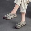 Johnature Retro Handmade Pleated Flats Genuine Leather Round Toe Soft Soled Lightweight Women's Slip-on Shoes