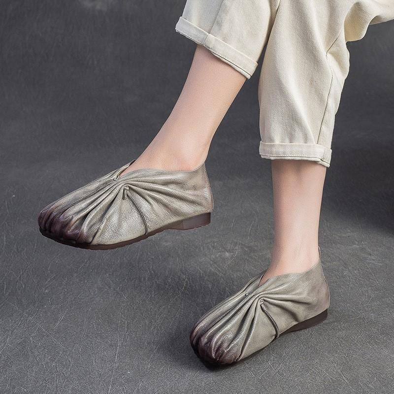 Johnature Retro Handmade Pleated Flats Genuine Leather Round Toe Soft Soled Lightweight Women's Slip-on Shoes
