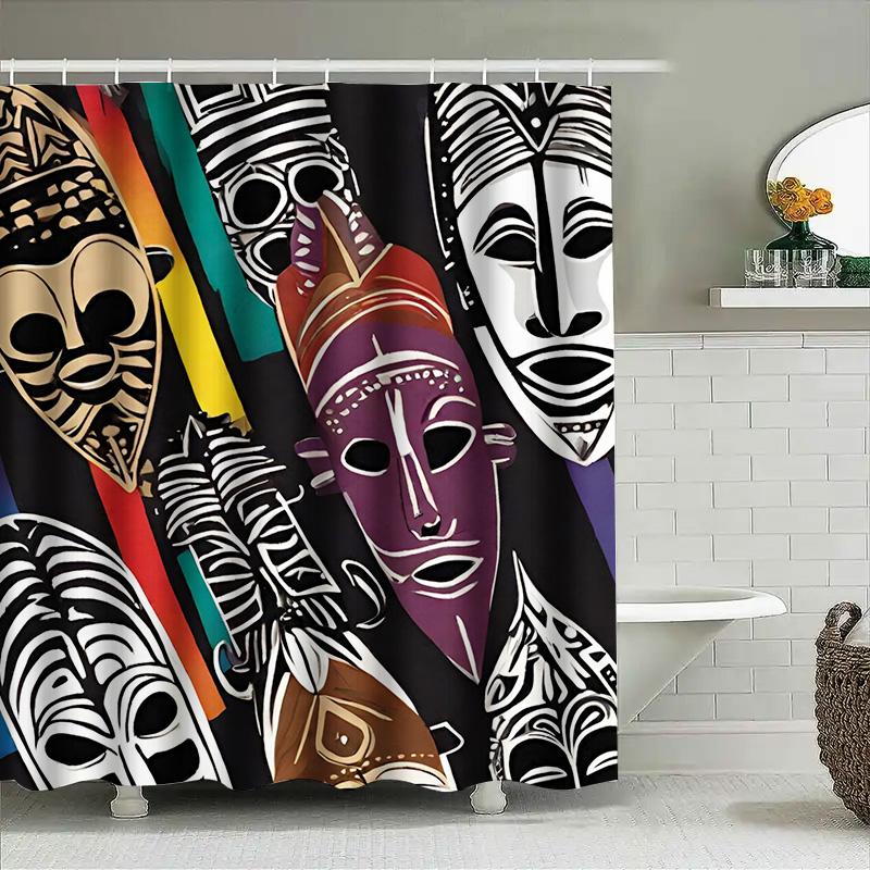 Abstract African Mask Design Shower Curtain Black Bathroom Decor Unique Pattern Art Print for Home Bath Accessories