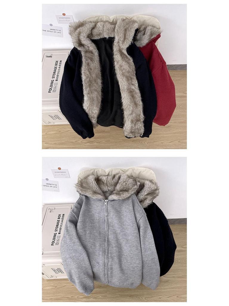 Zuoshan Diao Men's Heavyweight American-Style Cotton Jacket with Fur Collar, Winter Hooded Outerwear, Plus Velvet Thick Sweater.