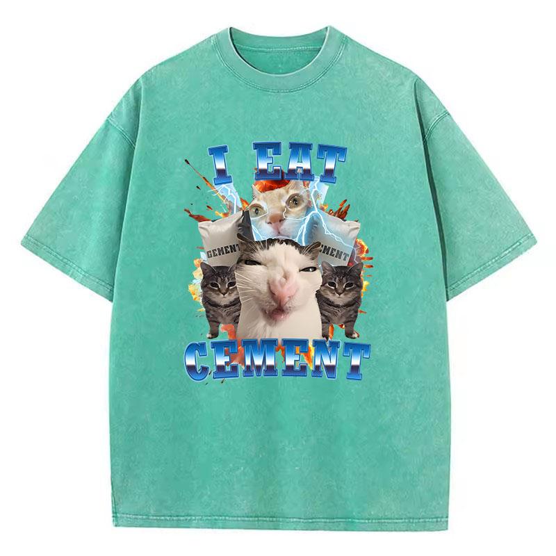 T-Shirt Vintage Gewaschenes Baumwoll-T-Shirt Ich Esse Zement Milch Katze Tier Grafik-T-Shirt Lässige Streetwear Frühling Sommer Herbst