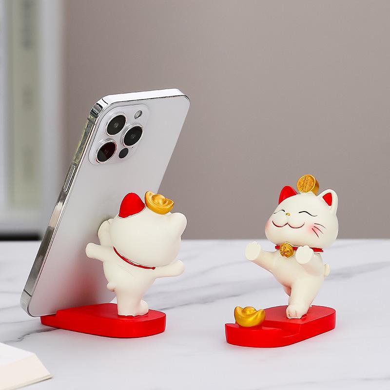 Lucky Cat Resin Mobile Holder - Cute Office Desktop Decoration Gift