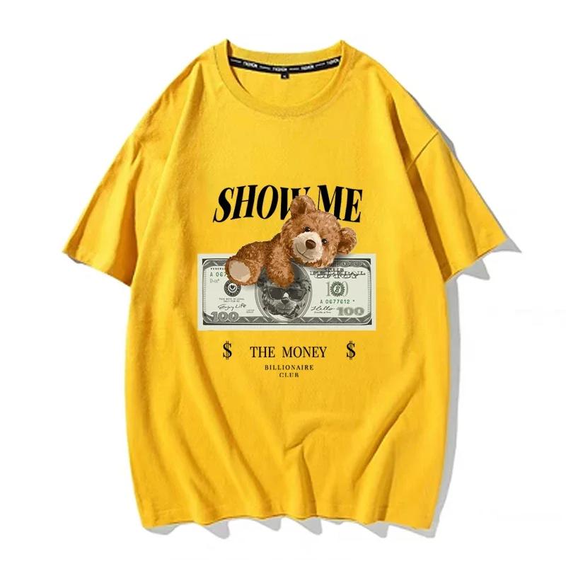 

2023 Нова чоловіча футболка з мультяшним ведмедем та принтом USD, 100% бавовна, високоякісна футболка з коротким рукавом, вуличний фітнес-одяг XXXXXL рожевий