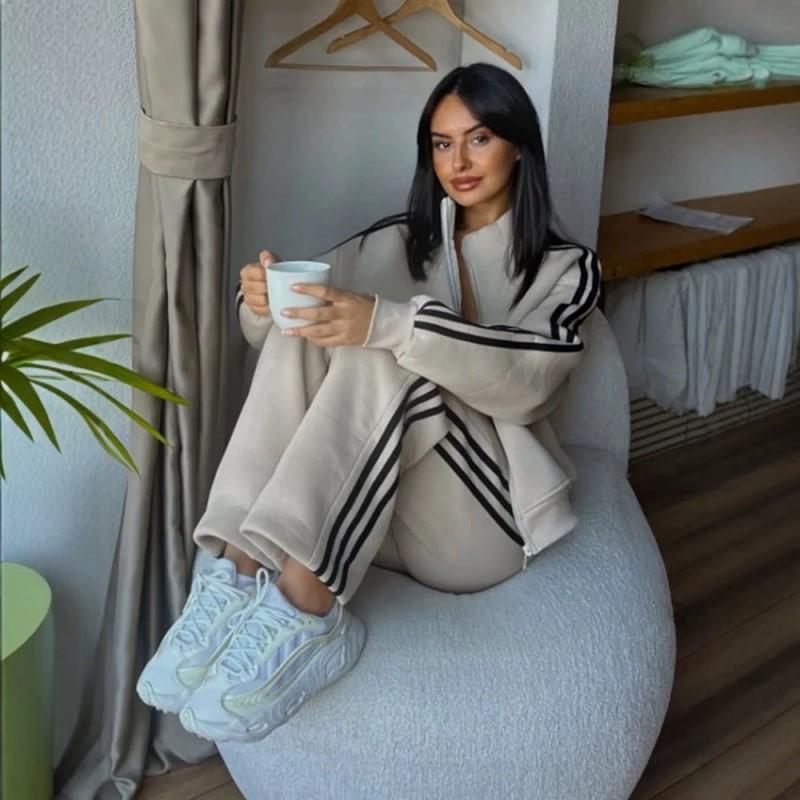 Womens 2026 Casual Sport Set Loose Fashion Color Block Hooded Cardigan Sweatshirt Long Pants Streetwear