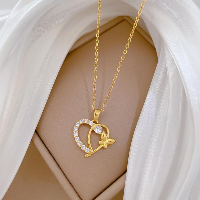 Geometric Love Butterfly Micro-Inlaid Diamond Light Luxury Cute Necklace Women'S Fashion Personality Temperament Collarbone Chain