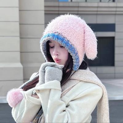 New Cute Rabbit Ear Hat for Women In Autumn and Winter Thickened Bicycle Hat Bag Integrated Knit Plush Hat