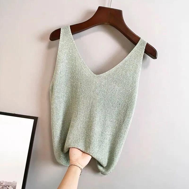 Black Undershirt Tank Thin Knit Vest Bright Silk Women Sexy Sleeveless Top Loose Causal Office Lady Korean Fashion Summer