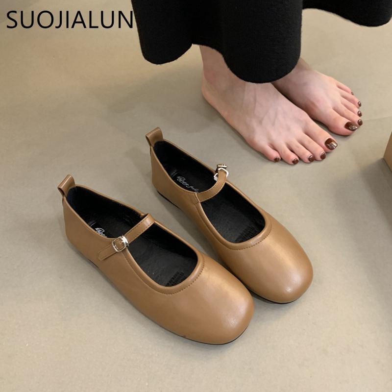 Fashion SUOJIALUN Autumn Women Flat Shoes Fashion Round Toe Shallow Slip On Mary Jane Shoes Flat Heel Ladies Elegant Outdoor Ballerinas