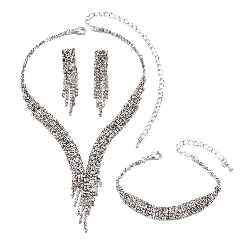 Fashionable Tassel Sparkling Rhinestone Necklace Earring Jewelry Set, Light Luxury Style High-end Jewelry Set