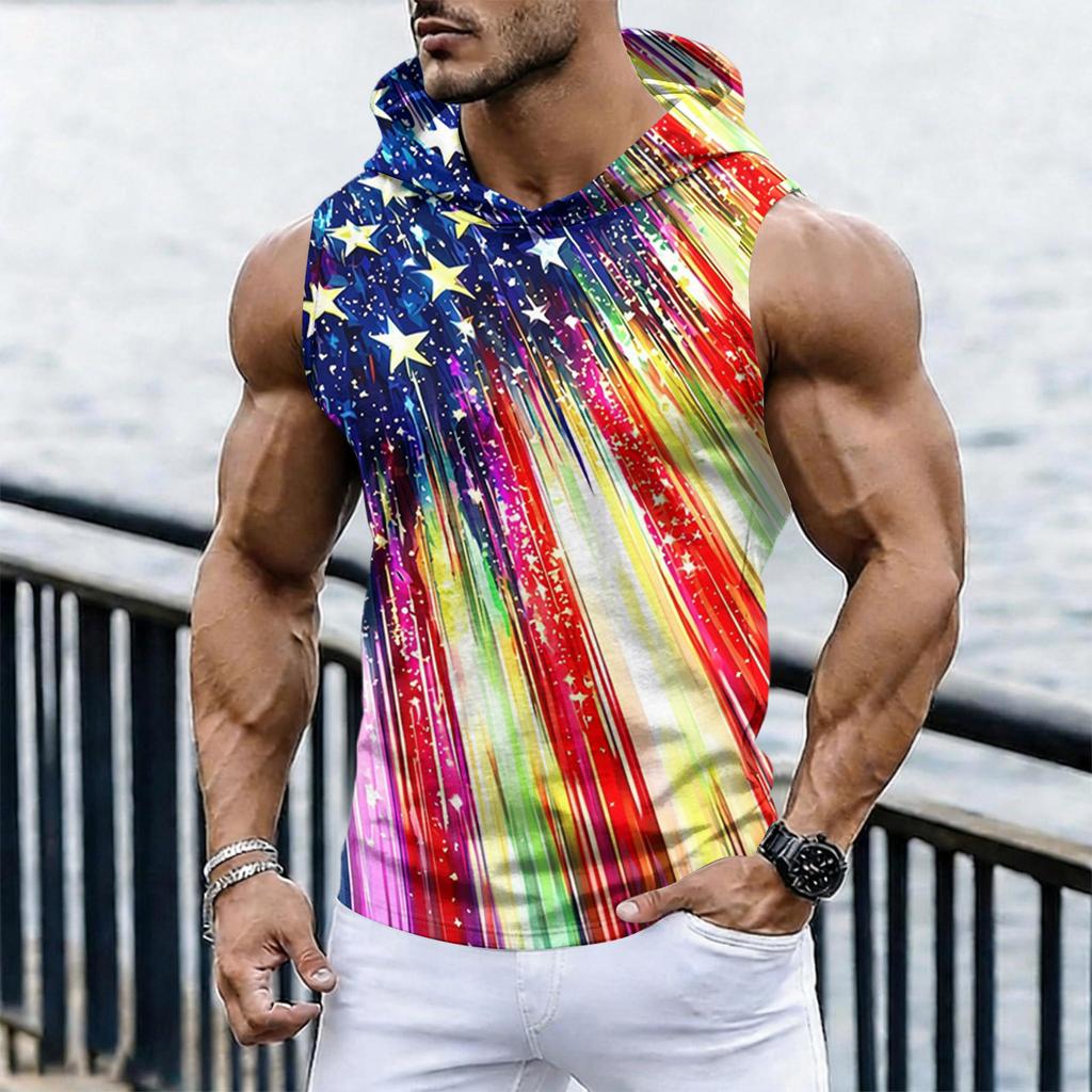 Men's Casual Sleeveless Hoodie Tank Top with Independence Day Print Lightweight Summer Muscle Fit Activewear