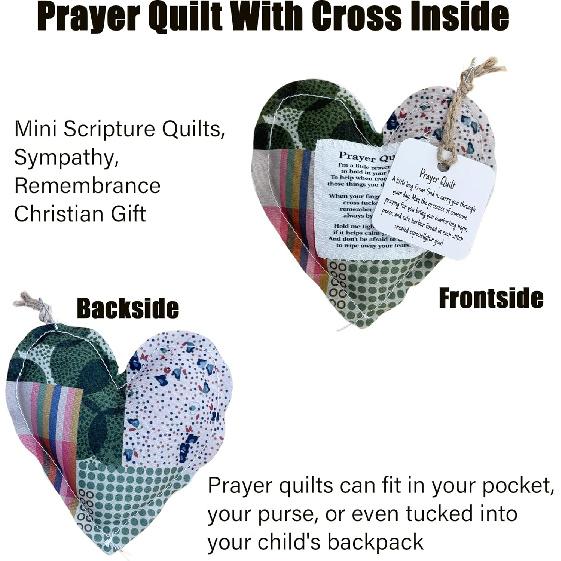 2-Pack Handmade Prayer Quilt with Cross ide, Pocket Size Comfort Quilts, Christian Sympathy Gift, 4 x 4 inches