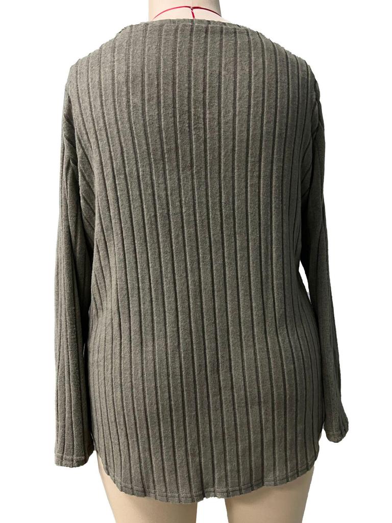 2025 Autumn/Winter Plus Size Women's V-Neck Long Sleeve Ribbed Loose Top