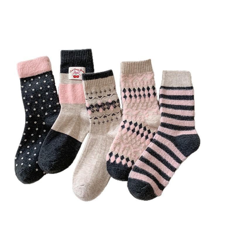Sweet Pink and Contrasting Color Wool Mid-calf Socks, Striped Bow, Fair Island Pile Socks for Autumn and Winter