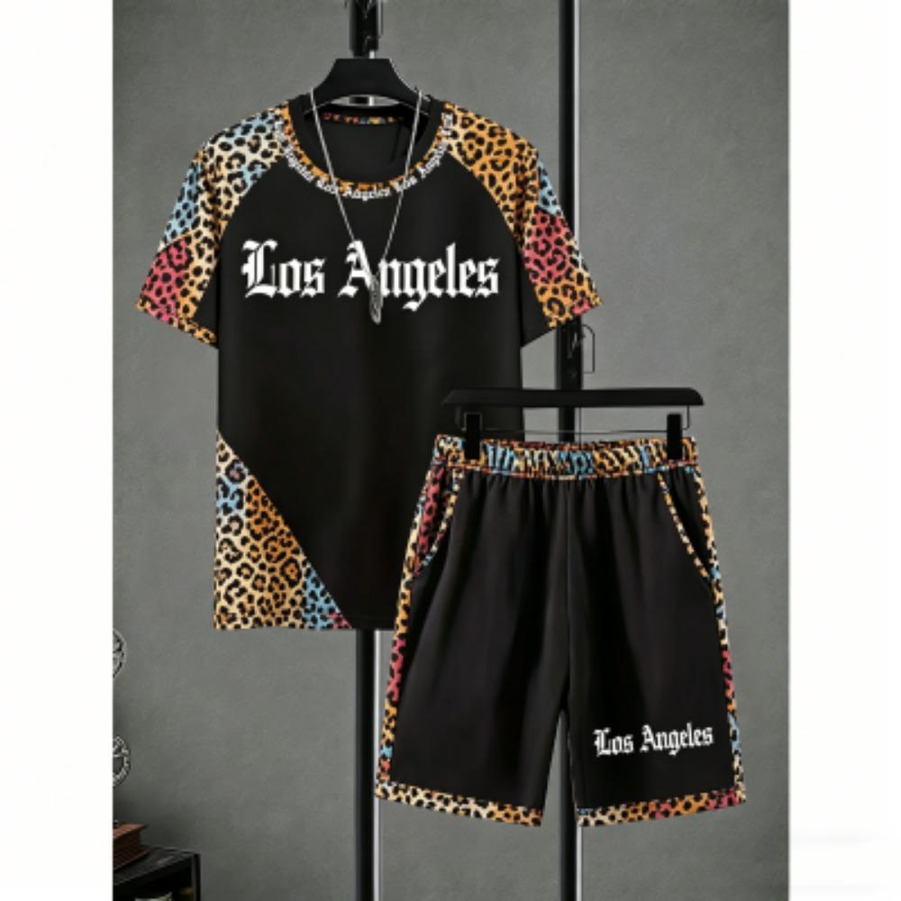 Men's Set Letter Printed Men's T-shirt and Shorts 2 Piece Set Summer Casual Outdoor Men's and Women's Outfit Clothing
