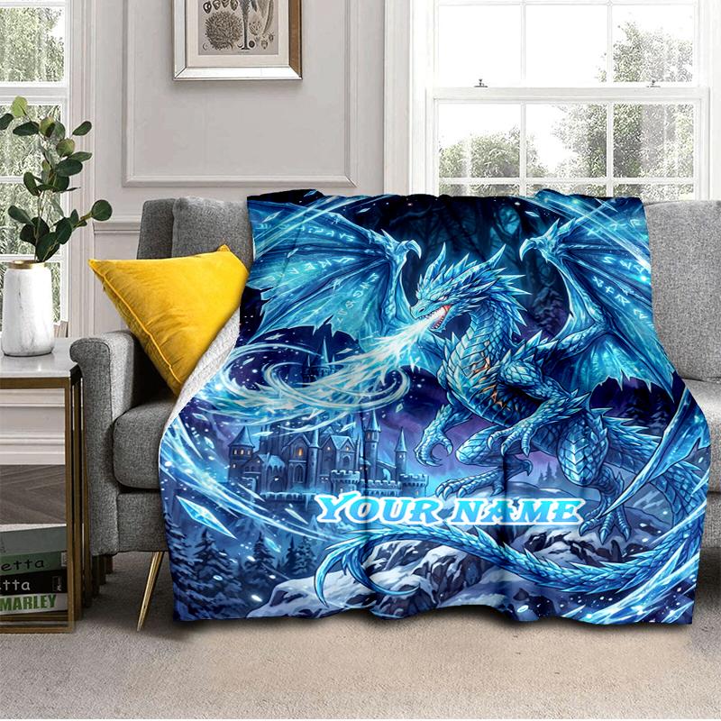 1PC Custom Name Blue Dragon Fantasy Art blanket versatile,all-season throw suitable for the living room,bedroom,camping,travel,and gift