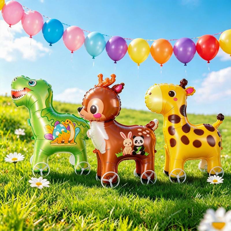 1Pcs Baby Shower Accessories Cartoon Foil Balloon Animal Stand Walking Balloon With Wheel For Kid Birthday Party Decor Ballons