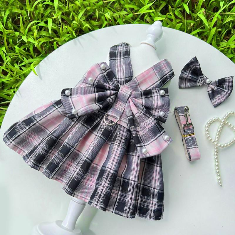 Pet JK Plaid Dress With Harness Loop Small Dogs Cats Teddy Bichon Corgi