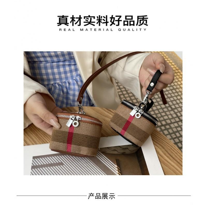 Canvas Cowhide Small Change Purse Ins Style Simple Portable Neck Hanging Lipstick Makeup Bag Leather Earphone