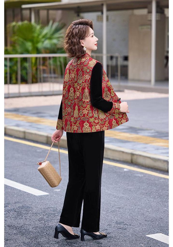 Spring Chinese Style Versatile Casual Vest Top & Frog Button Vest 3-Piece Set for Middle-aged and Elderly Moms