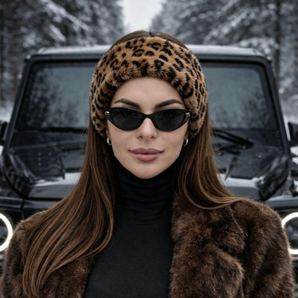 Windproof Leopard Print Hairband Ear Warm Winter Elastic Headband Fluffy Plush Headband  Sports