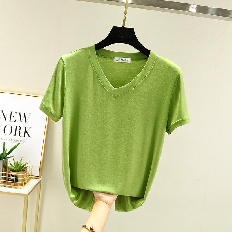 New Summer V-Neck Women's Loose Fit Modal T-Shirt - Solid Color, Short Sleeve Basic Top
