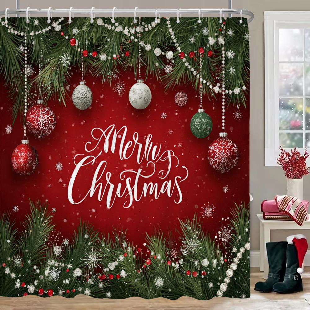 Christmas Shower Curtain, Red Christmas Snowflake Bell Bathroom Curtain Decoration Set With Hook Fabric Christmas Gift