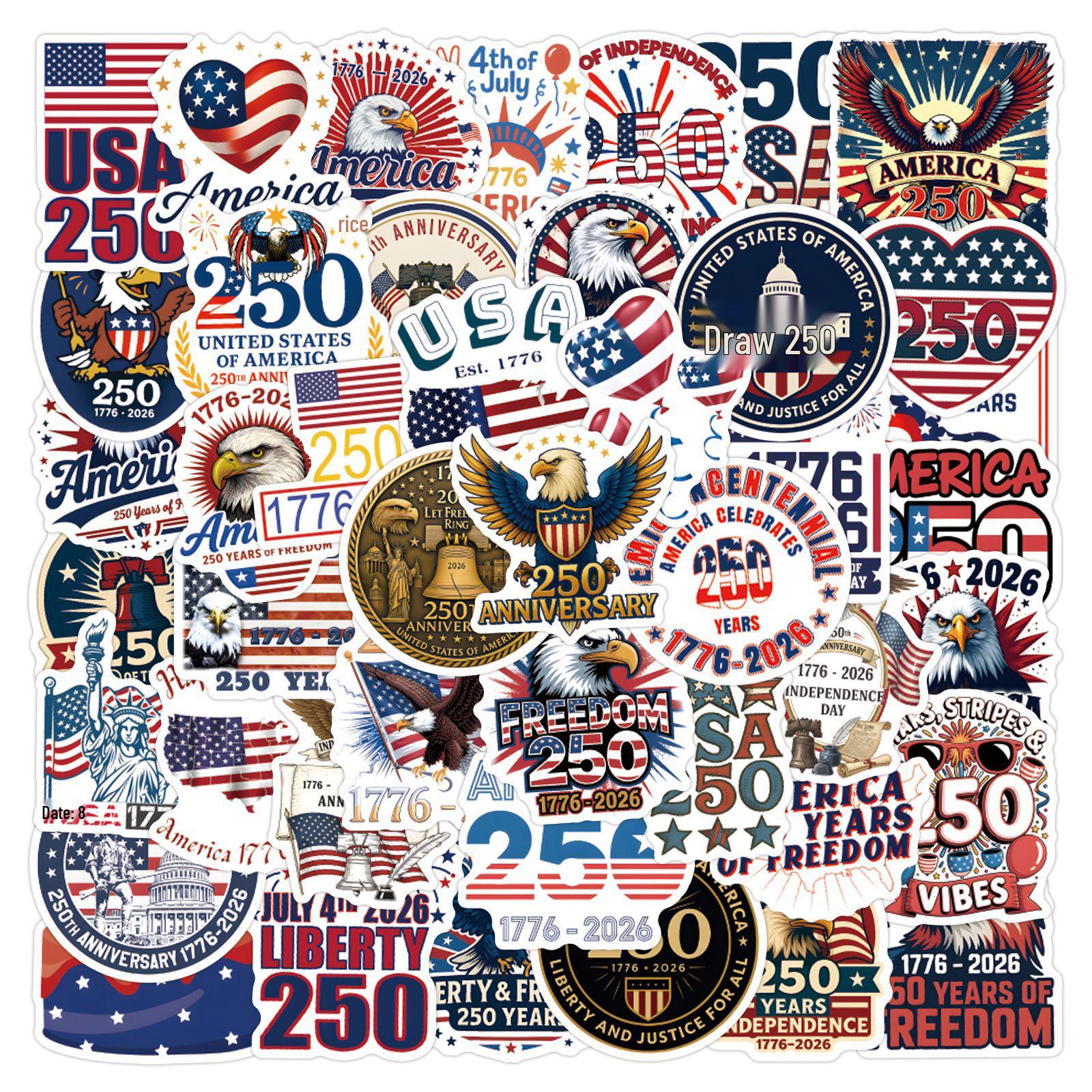 55-Piece Waterproof US 250th Anniversary Graffiti Sticker Set for Decor, Stationery, Water Bottles, and Computers