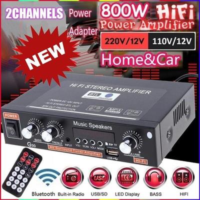 Car&Home 220V/110V 12V 800W Bluetooth 4.0 High Performance 2 Channels TF/U Disk/Remote Control/Power Amplifier FM Radio Auto Power Amplifier