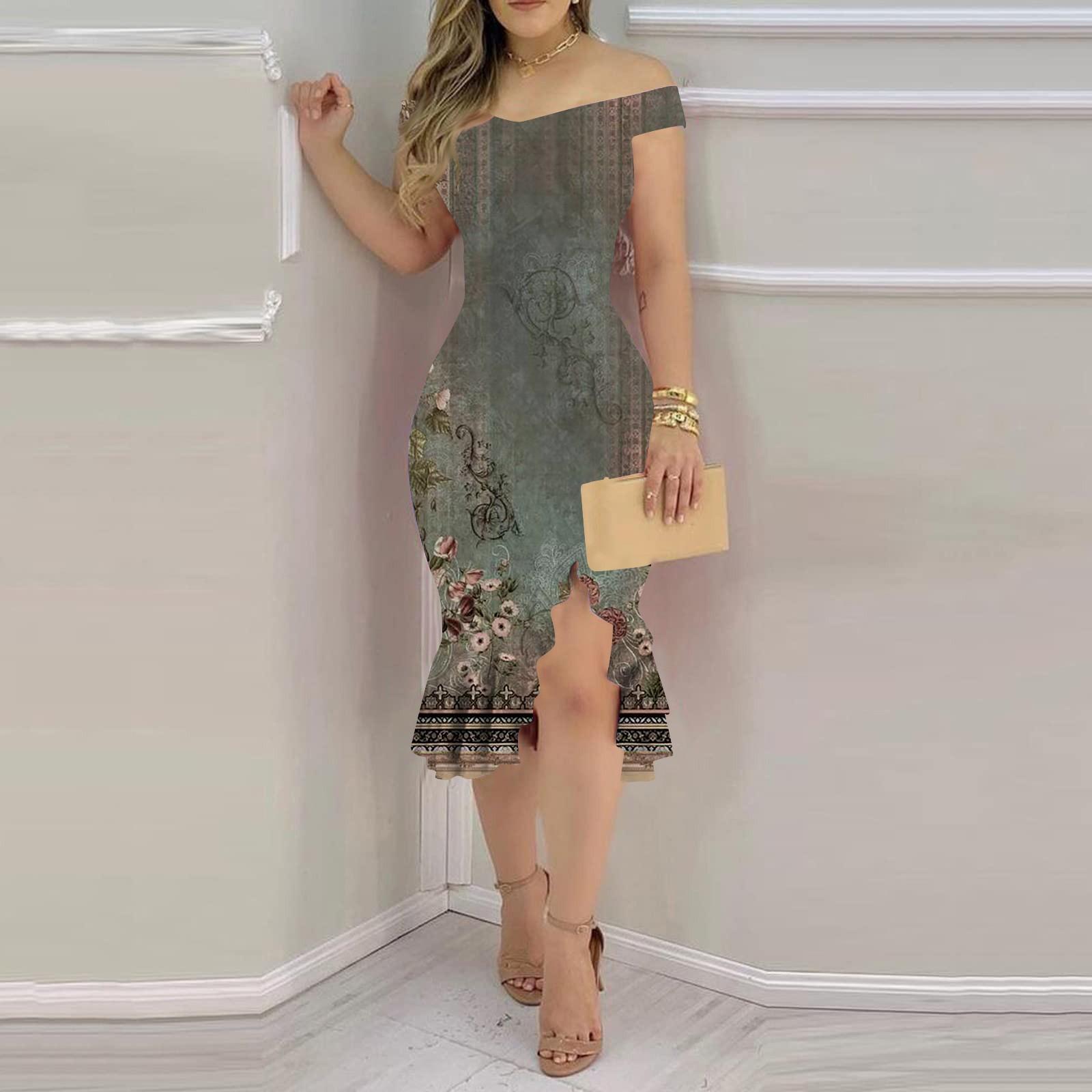 Fashion Sexy Summer Off Shoulder Short Sleeve Sequin Ruffle Irregular Dresses For Women M
