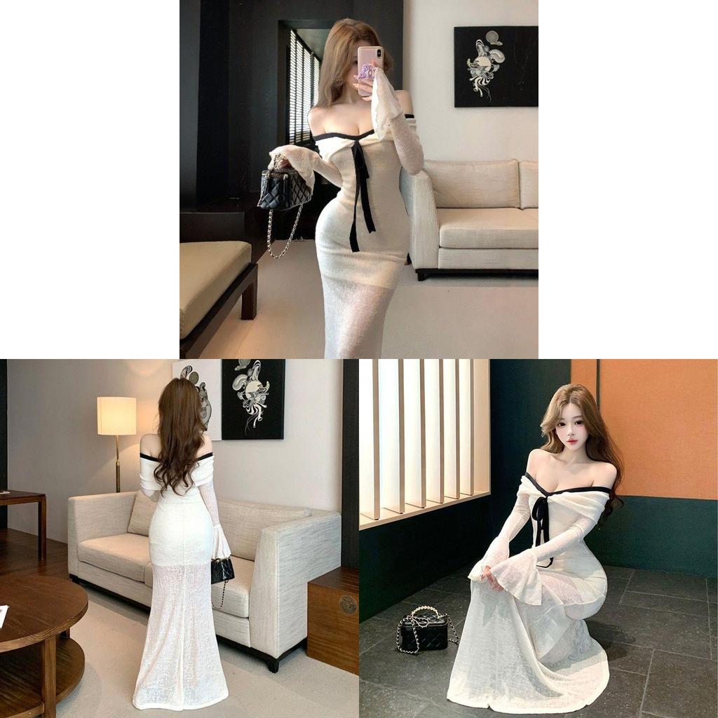 Elegant High Waist Long Sleeve Knit Dress With Colorblock Design For Fall 2025