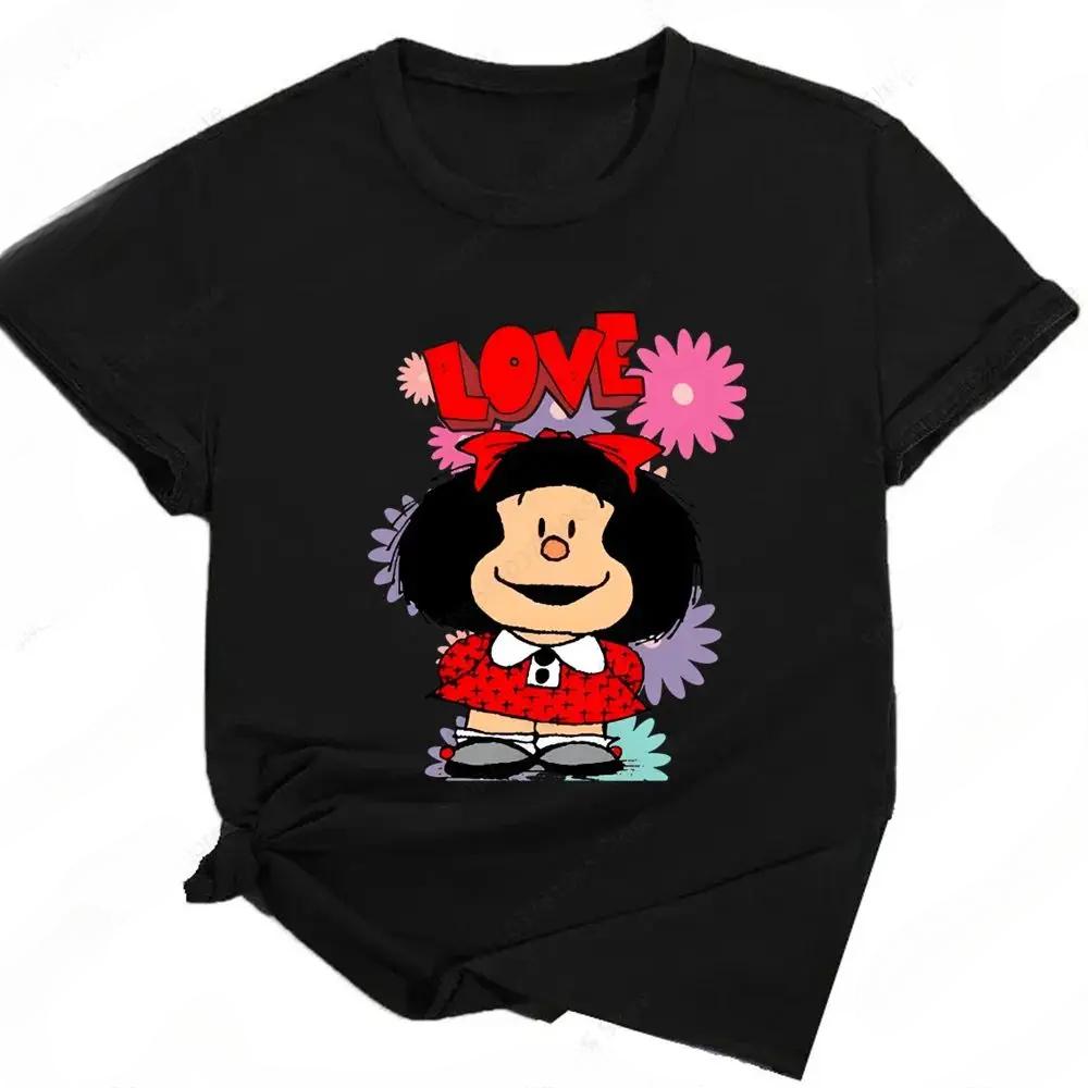 Mafalda Printed Fun Pattern T-shirt for Women Summer Y2K Harajuku Girls Street Dress Cute Cartoon Kawaii Black Women's Wear