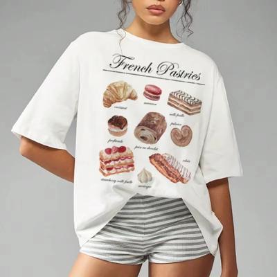 T-shirt Femme Pâtisseries Françaises T-shirts Rétro Bohème Croissant Macaron T-shirt Mignon Foodie Manches Courtes Haut Imprimé