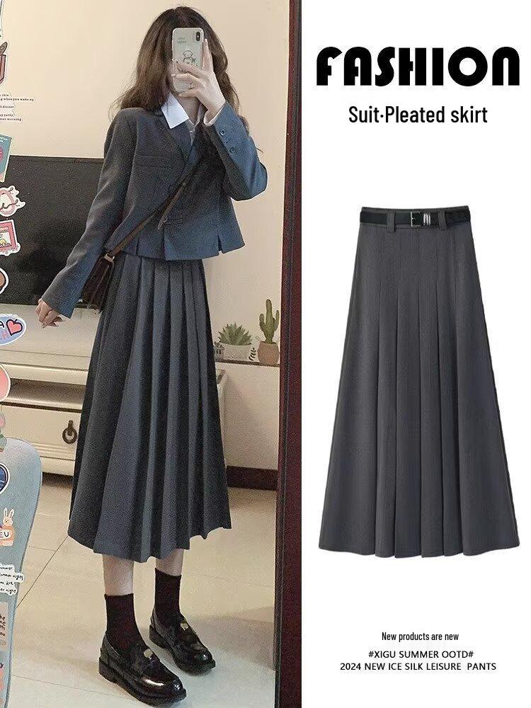 American Retro Plus Size Pleated Wool Skirt - Fashionable Academic Style, High Waist Slimming Design for Trendy Women L серый