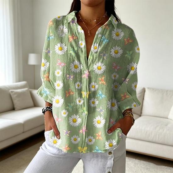 Women Shirt Lapel Long Sleeve Buttons Placket Shirt Tops Loose Fit Mid-length Summer Floral Shirt Lightweight Casual Tops