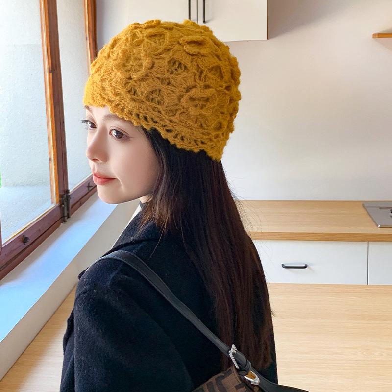 Wool Hat Women's Autumn and Winter New Warm Bag Head Confinement Hat Fashionable Trendy Hollow Handmade Knitted Hat