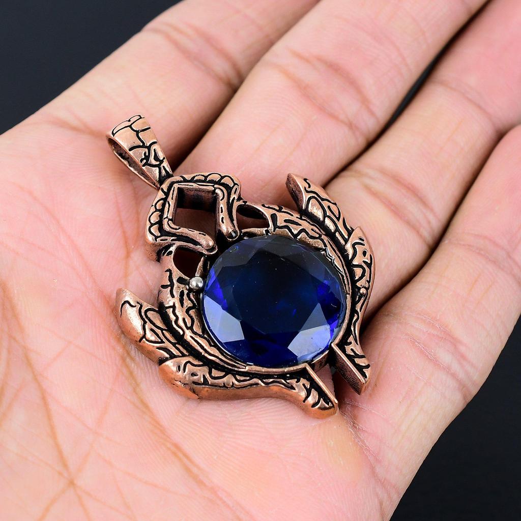 Unique London Blue Topaz Gemstone Handmade Jewelry Pure Copper Wire Wrapped Pendant