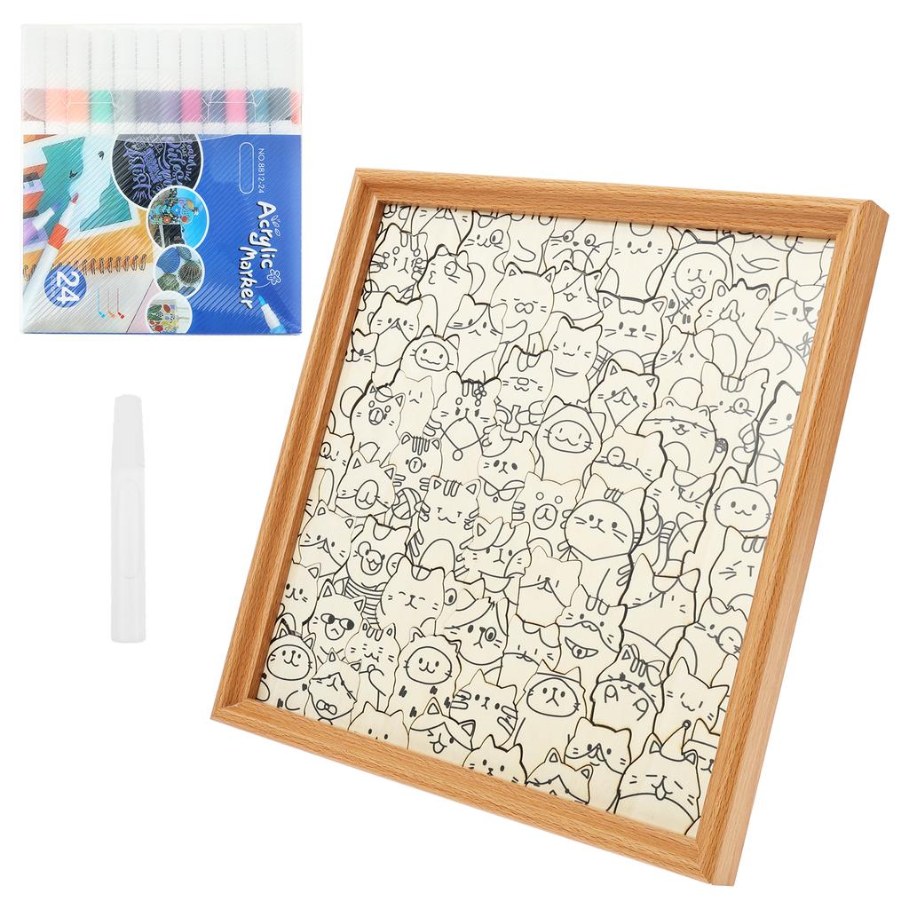 Creative Coloring Puzzle Princess/Cat Puzzle Wooden Princess Puzzle Frame DIY Set with 24 Color Marker Pens for Home Decoration