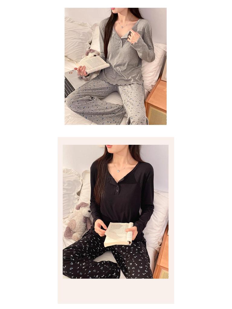 Dammode Blommig Långärmad Pyjamas Set med Bröstvadd - Plus Size, Lös Passform, Casual Hemmakläder