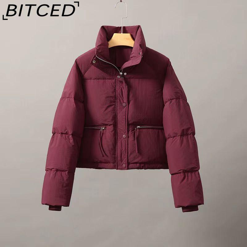 

BITCED Short Stand-Up Collar Cotton Jacket for Women - Minimalist Oversized Fit Zipper Puffer Coat Solid Color XXL бордовый