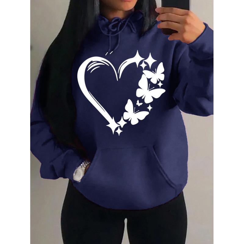 European & American Style Love Heart Butterfly Print Women's Hooded Sweatshirt - Trendy Street Style Pullover