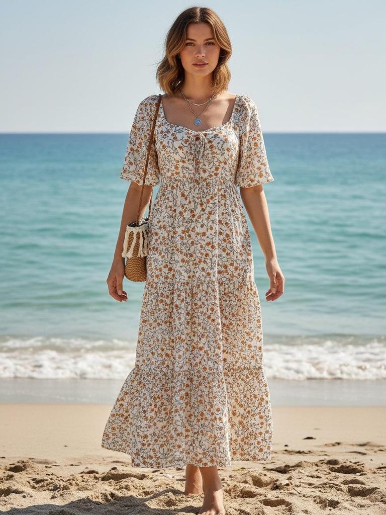 Boho Strand Lässig U-Ausschnitt Kurzarm Damenkleid (2026)